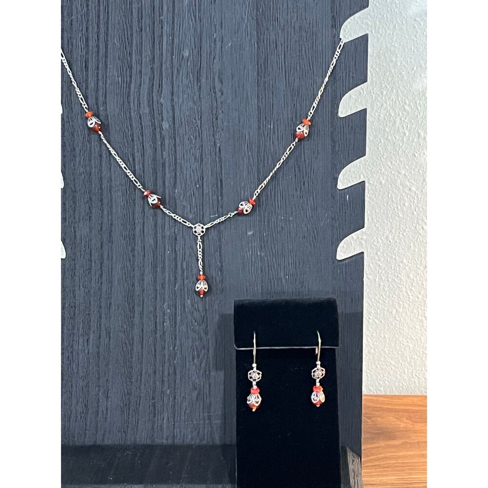 Sterling Silver Carnelian Necklace & Earrings Set Y Lariat Style 925
